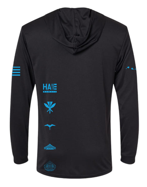 Aloha Aina Hooded Long Sleeve Drifit Blue on Black – Hae Hawaii