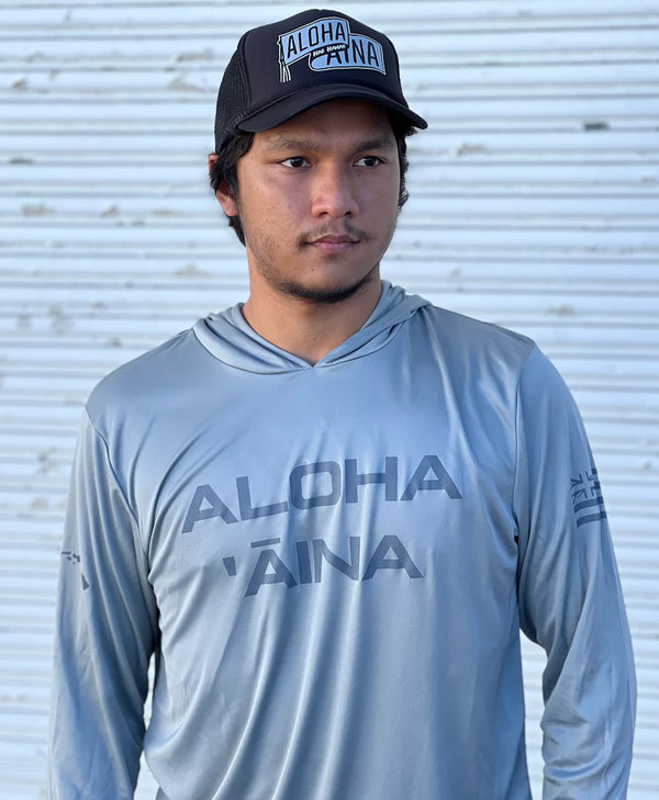 Aloha Aina Gray on Gray Hooded Long Sleeve Drifit