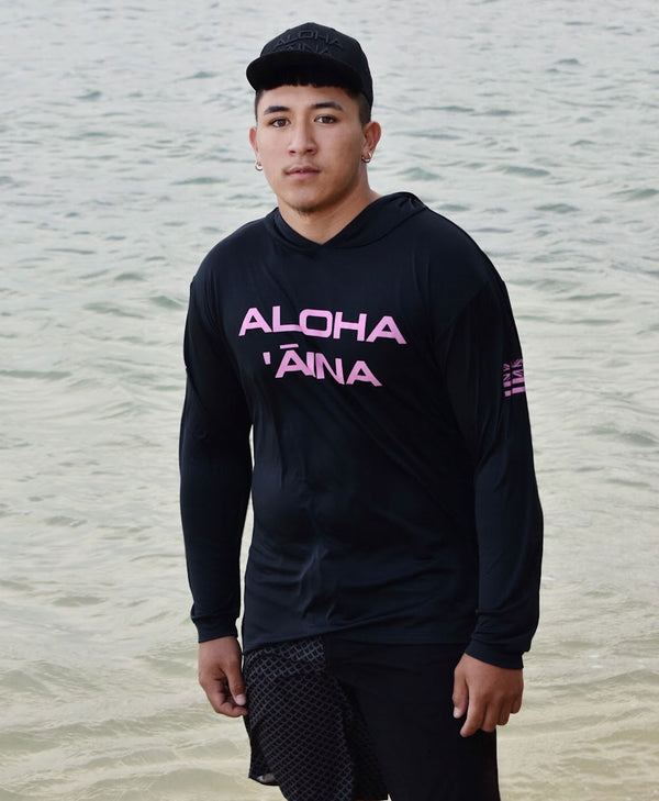 Aloha Aina Hooded Long Sleeve Drifit Pink on Black