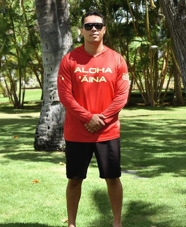 Aloha Aina Red Hooded Long Sleeve Drifit