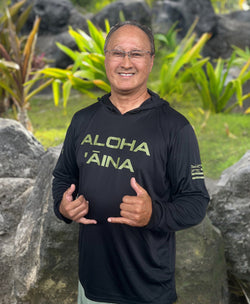 Aloha Aina Hooded Long Sleeve Drifit Green on Black