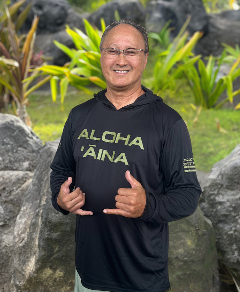 Aloha Aina Hooded Long Sleeve Drifit Green on Black