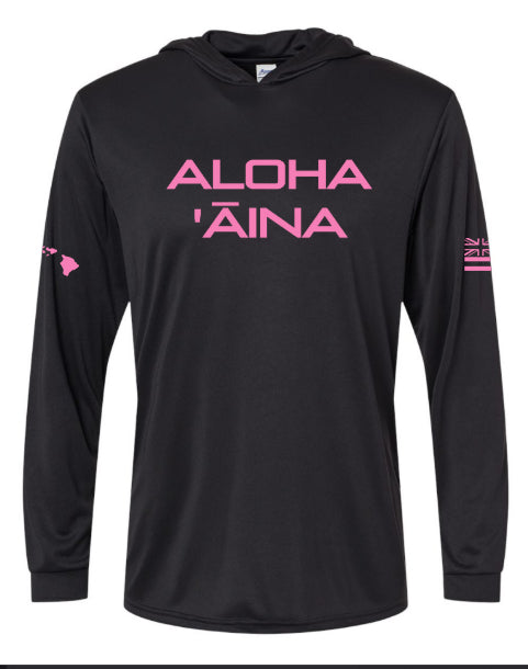 Aloha Aina Hooded Long Sleeve Drifit Pink on Black