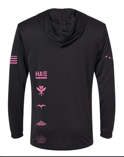 Aloha Aina Hooded Long Sleeve Drifit Pink on Black