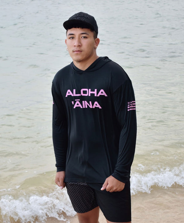Aloha Aina Hooded Long Sleeve Drifit Pink on Black