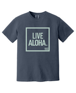 Live Aloha Celadon on Navy T-Shirt