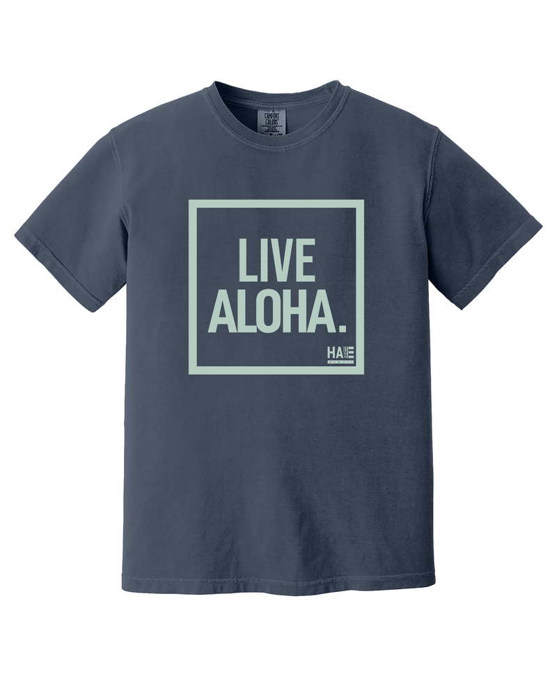 Live Aloha Celadon on Navy T-Shirt