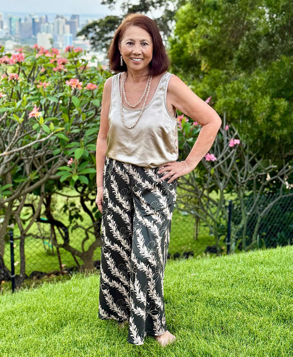 'Awapuhi Melemele Satin Palazzo Pants - Kī Green
