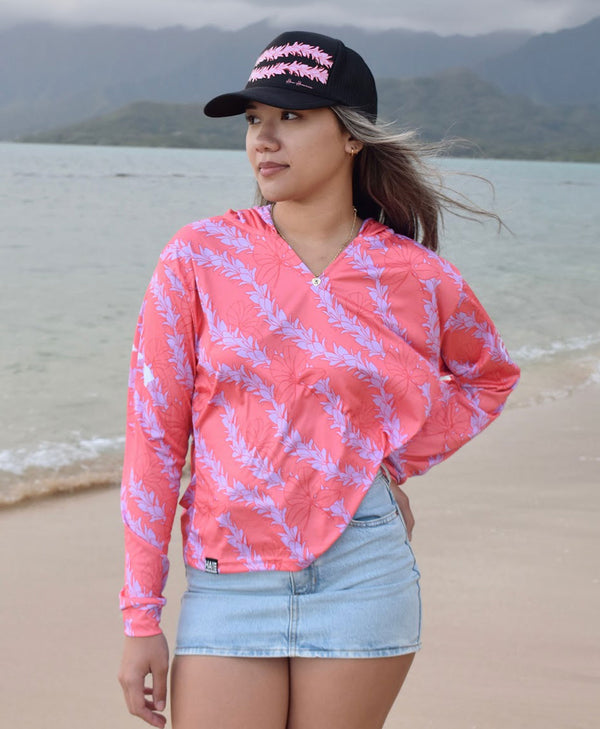 Awapuhi Wahine Crop Hooded Long Sleeve Vneck Drifit Coral
