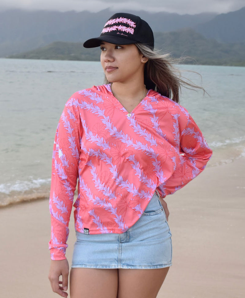 Awapuhi Wahine Crop Hooded Long Sleeve Vneck Drifit Coral