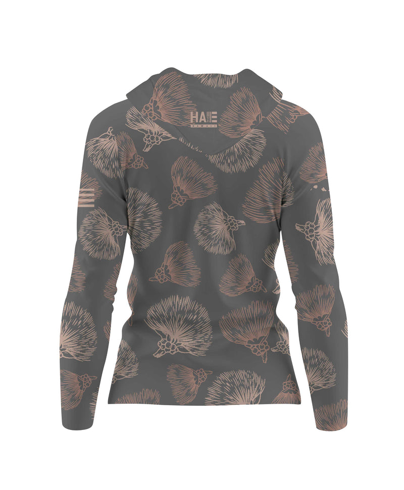 Ohia Lehua Wahine V-Neck Hooded Longsleeve Drifit Gray