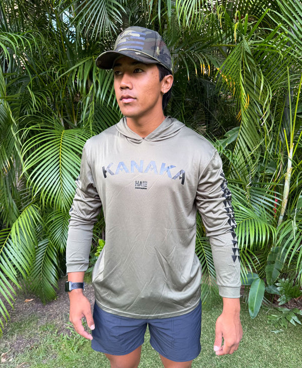 KANAKA ARCH Black on Olive Green Hooded Long Sleeve Drifit