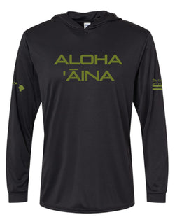 Aloha Aina Hooded Long Sleeve Drifit Green on Black