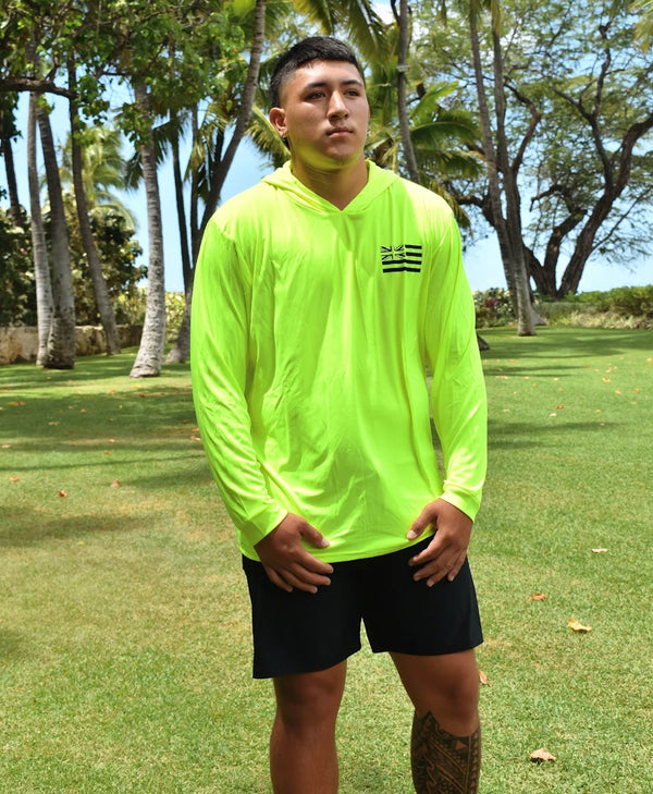 Keep Hawaiian Lands in Hawaiian Hands Hooded Long Sleeve Drifit Safety Green