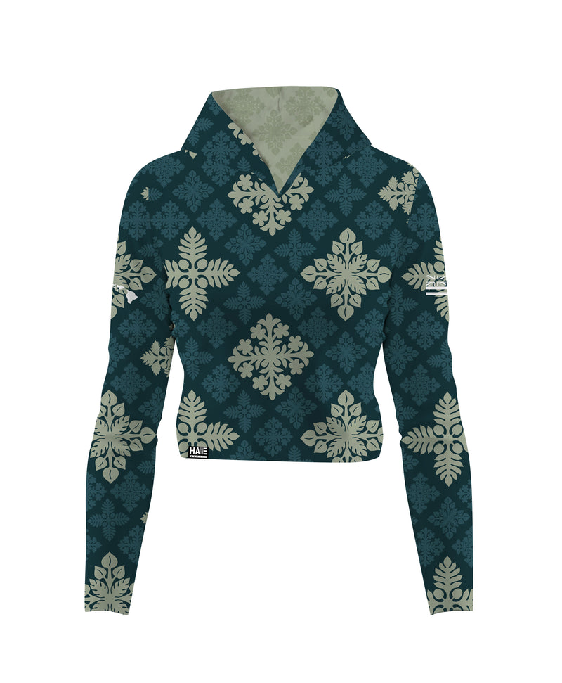 Kapa Kuiki Wahine Crop Hooded Long Sleeve Vneck Drifit Dark Teal