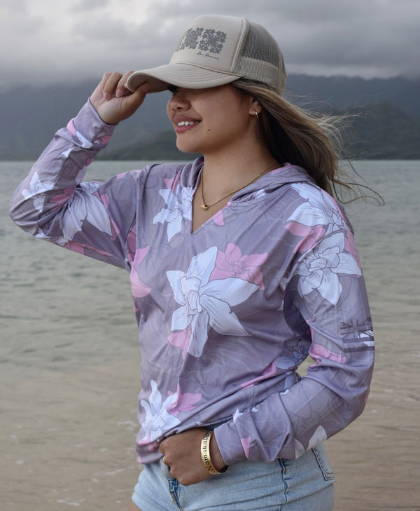 Kiele Wahine Hooded Long Sleeve Vneck Drifit Gray