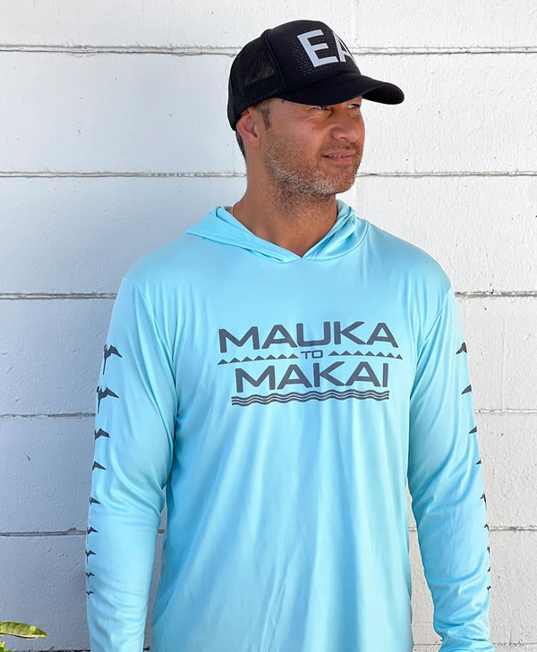 Mauka to Makai Grey on Light Blue Hooded Long Sleeve Drifit
