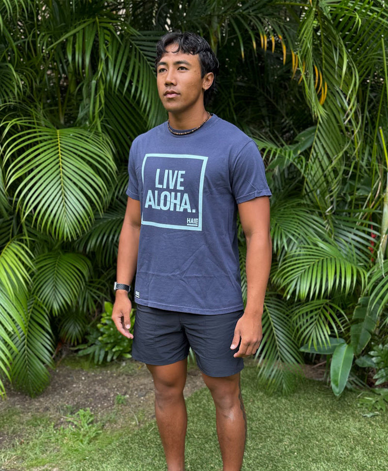 Live Aloha Celadon on Navy T-Shirt
