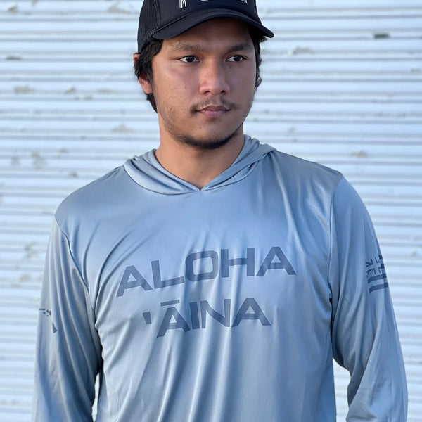 Aloha Aina Gray on Gray Hooded Long Sleeve Drifit – Hae Hawaii