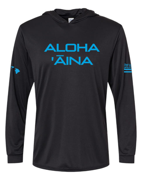 Aloha Aina Hooded Long Sleeve Drifit Blue on Black – Hae Hawaii