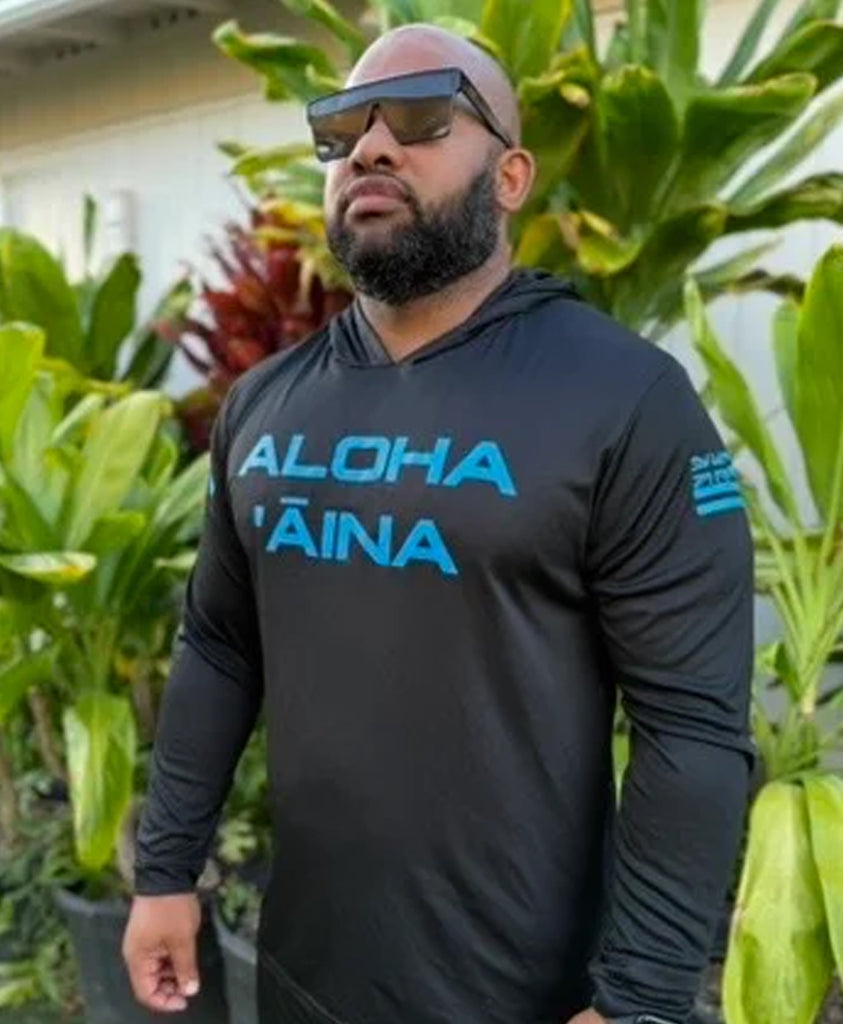 Aloha Aina Hooded Long Sleeve Drifit Blue on Black – Hae Hawaii