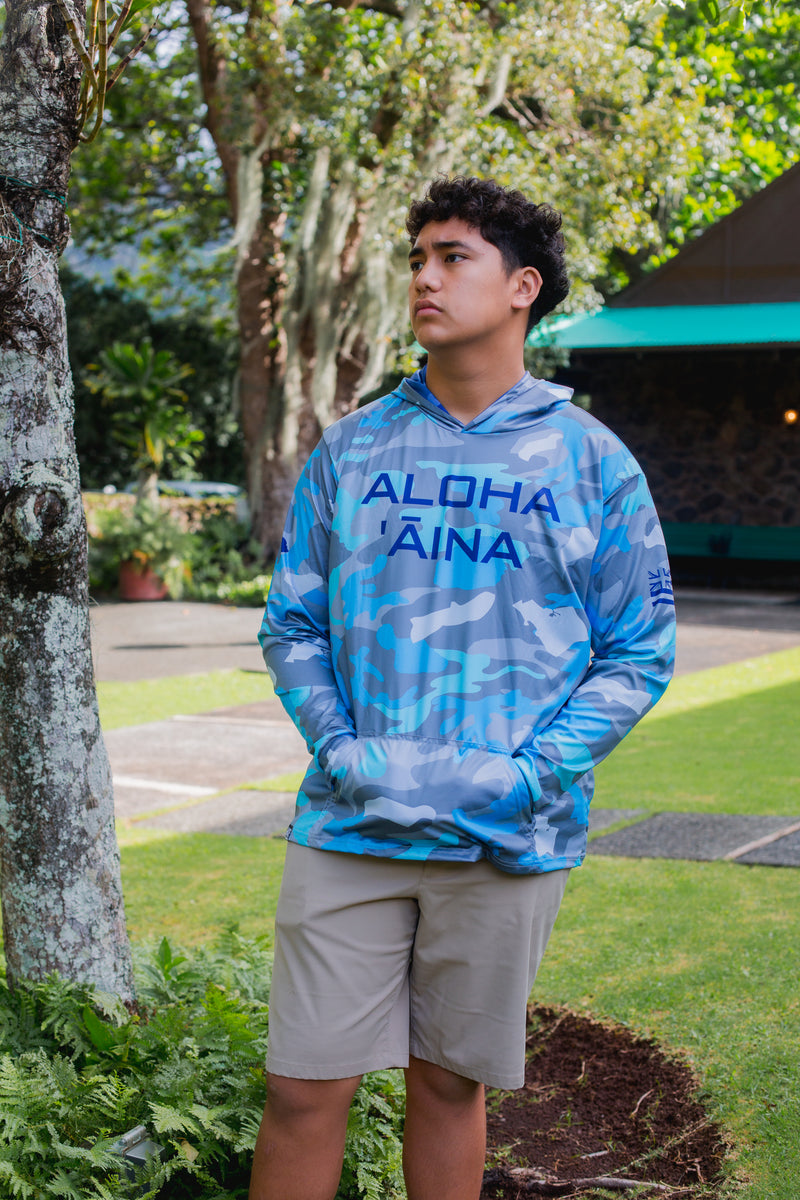 Aloha Aina Namoku Camo Hooded Long Sleeve Drifit Moana Blue – Hae