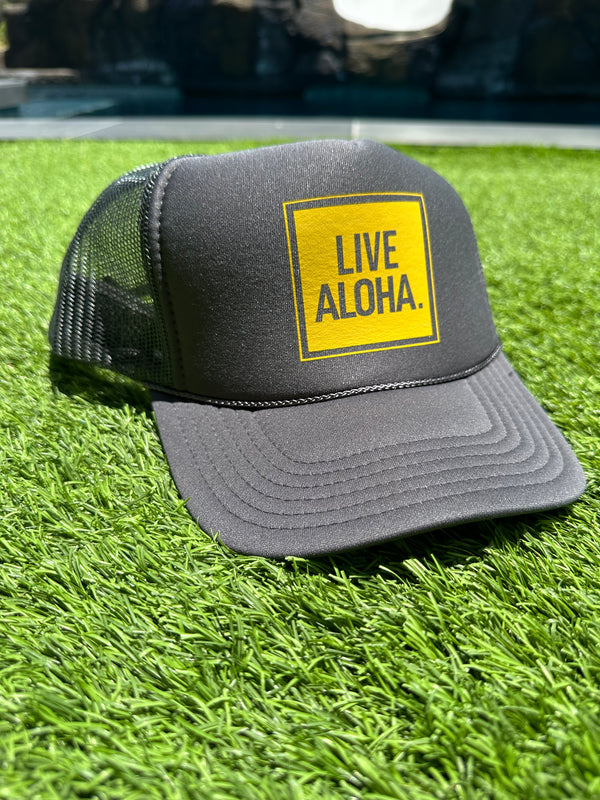 Live Aloha Gold Frame Charcoal Gray Trucker Hat