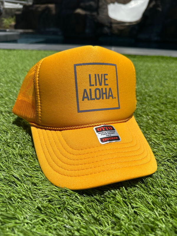 Live Aloha Grey Frame Golden Rod Trucker Hat