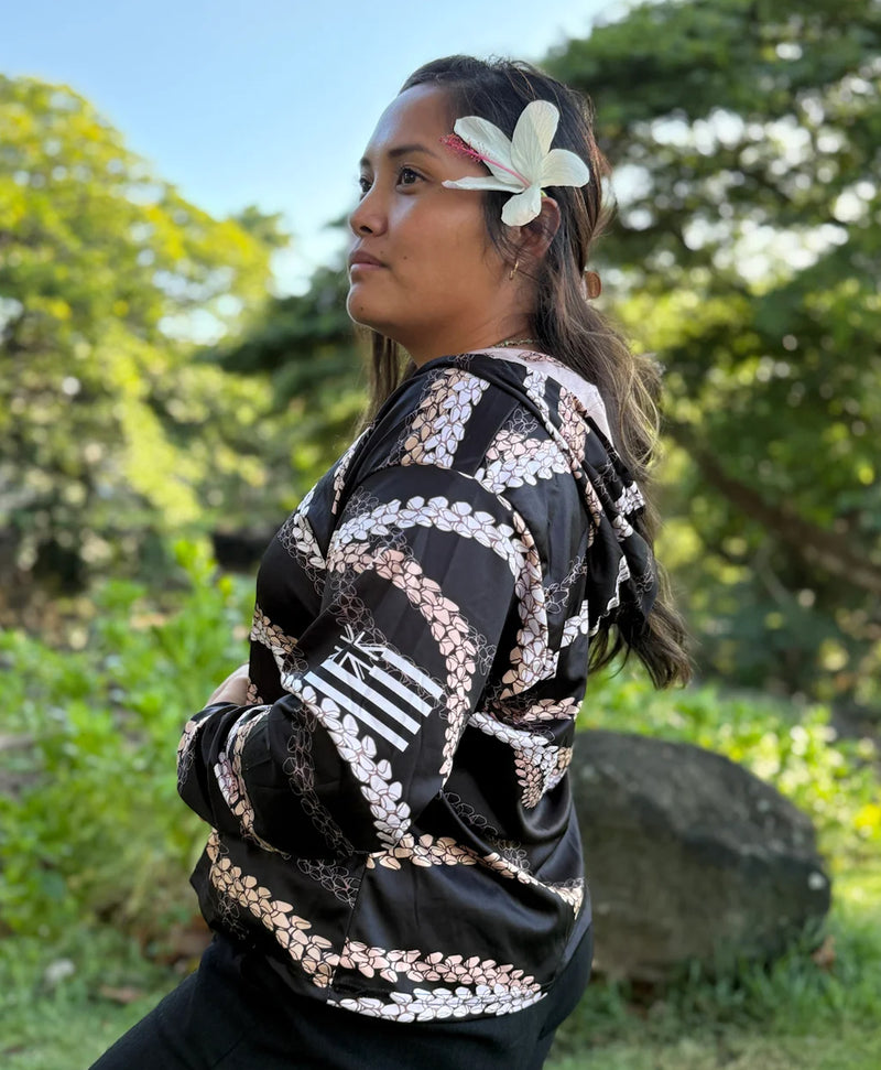 Kahelelani Wahine V-Neck Hooded Crop Longsleeve Drifit Black