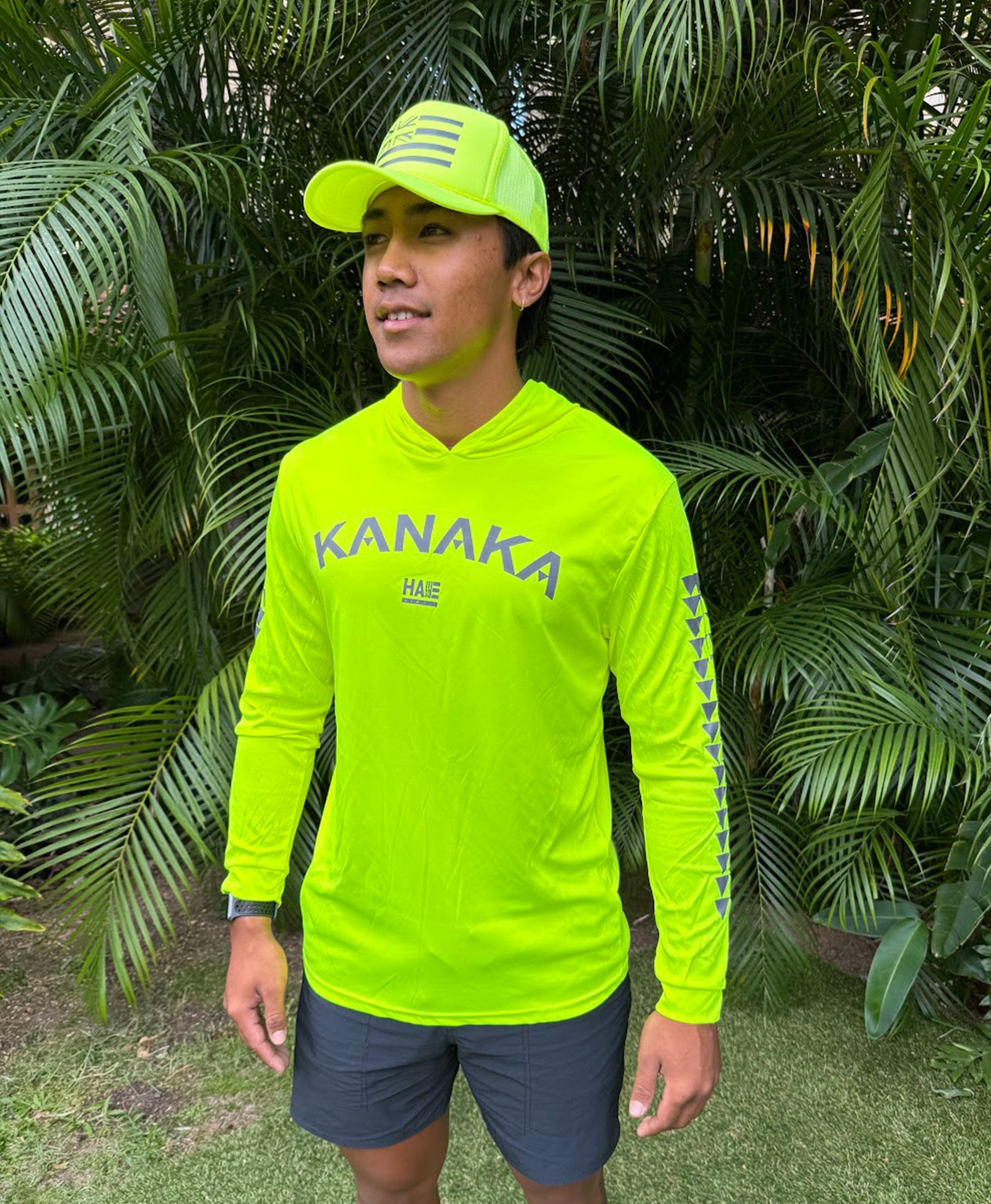 Kanaka Hooded Long Sleeve Drifit Safety Green – Hae Hawaii