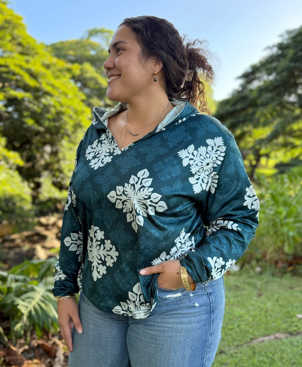 Kapa Kuiki Wahine Crop Hooded Long Sleeve Vneck Drifit Dark Teal