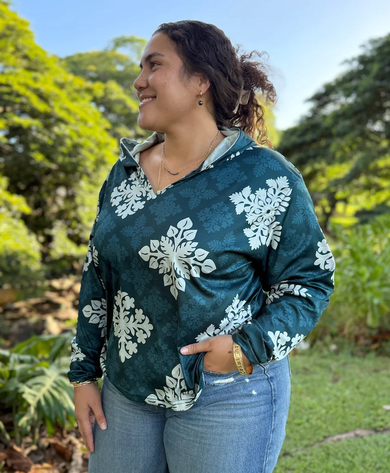 Kapa Kuiki Wahine Crop Hooded Long Sleeve Vneck Drifit Dark Teal