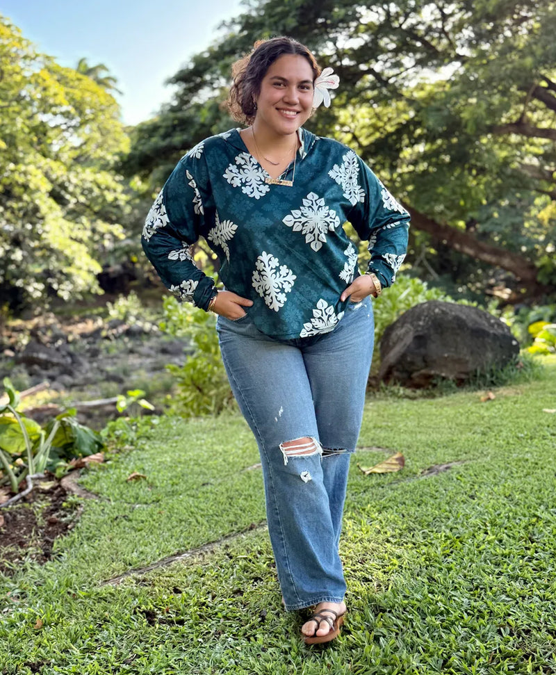 Kapa Kuiki Wahine Crop Hooded Long Sleeve Vneck Drifit Dark Teal