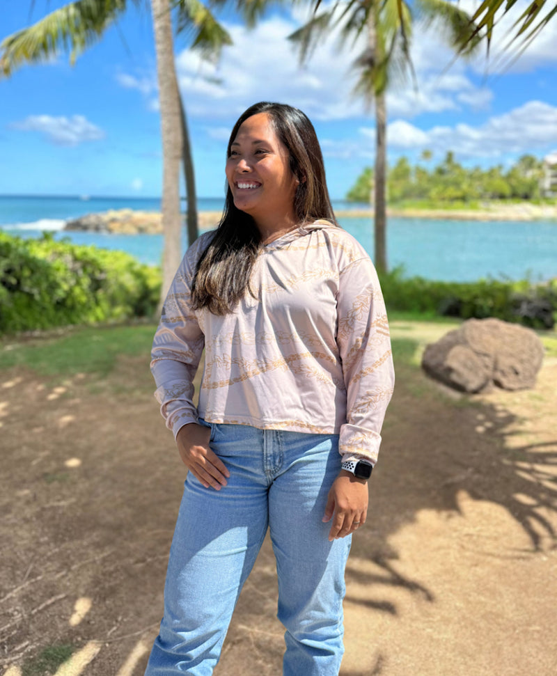 Kuulei Wahine V-Neck Hooded Crop Longsleeve Drifit Desert Sand – Hae Hawaii