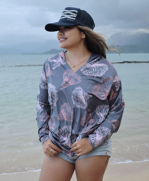 Ohia Lehua Wahine V-Neck Hooded Longsleeve Drifit Gray