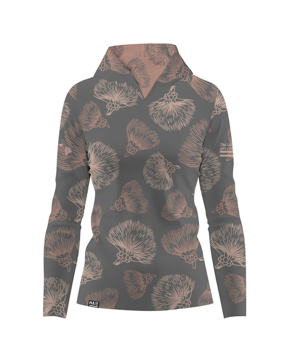 Ohia Lehua Wahine V-Neck Hooded Longsleeve Drifit Gray