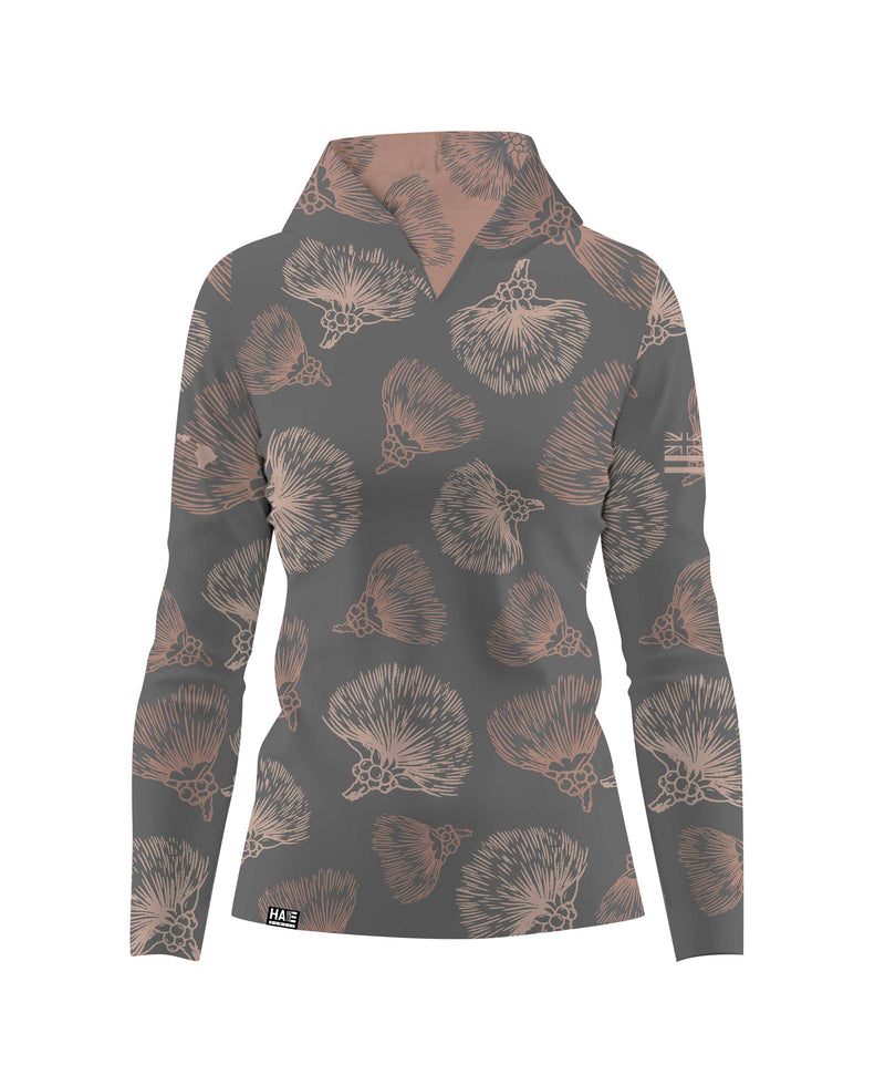 Ohia Lehua Wahine V-Neck Hooded Longsleeve Drifit Gray