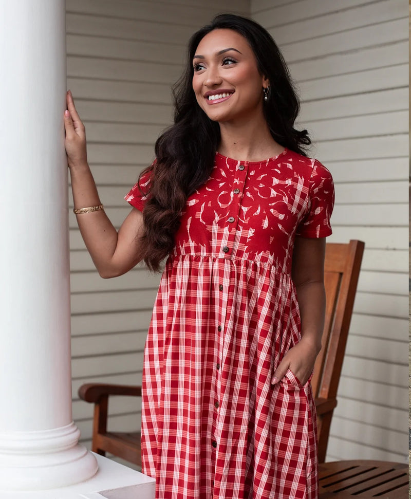 red and white midi dress Palaka Kuiki Aulani Lehua – Hae Hawaii Did this BOHO fit Type-Chemise from picnics to weekend COLOR:BLUE/GREEN