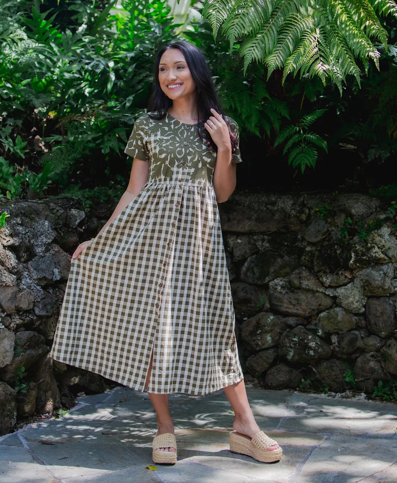 palaka dress Kuiki Aulani Midi Olive – Hae Hawaii Size:US 2P Trad Palaka print Saldine Print 100% Cotton