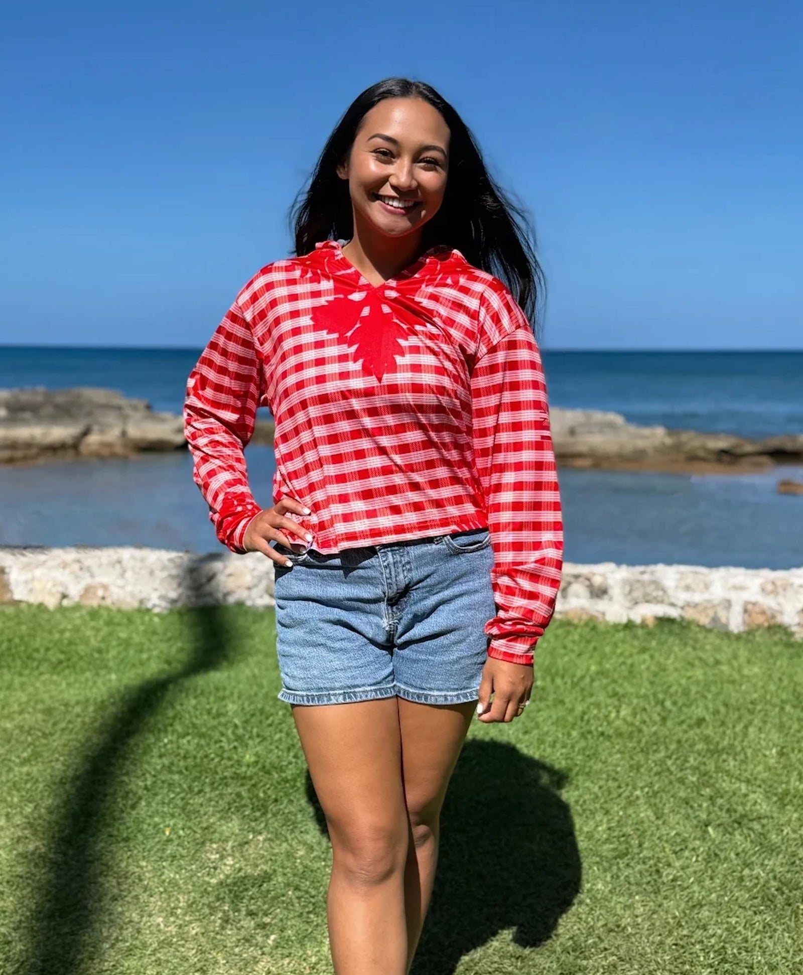 Palaka Kuiki Wahine V-Neck Hooded Crop Longsleeve Drifit Red – Hae