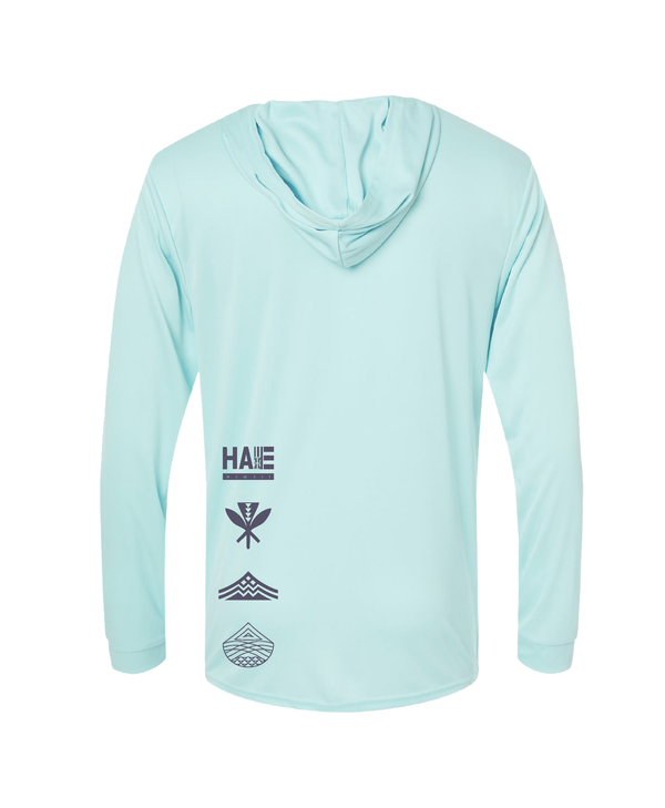 Mauka to Makai Grey on Light Blue Hooded Long Sleeve Drifit
