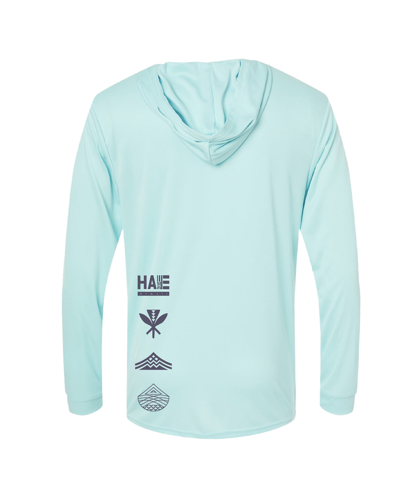 Mauka to Makai Grey on Light Blue Hooded Long Sleeve Drifit