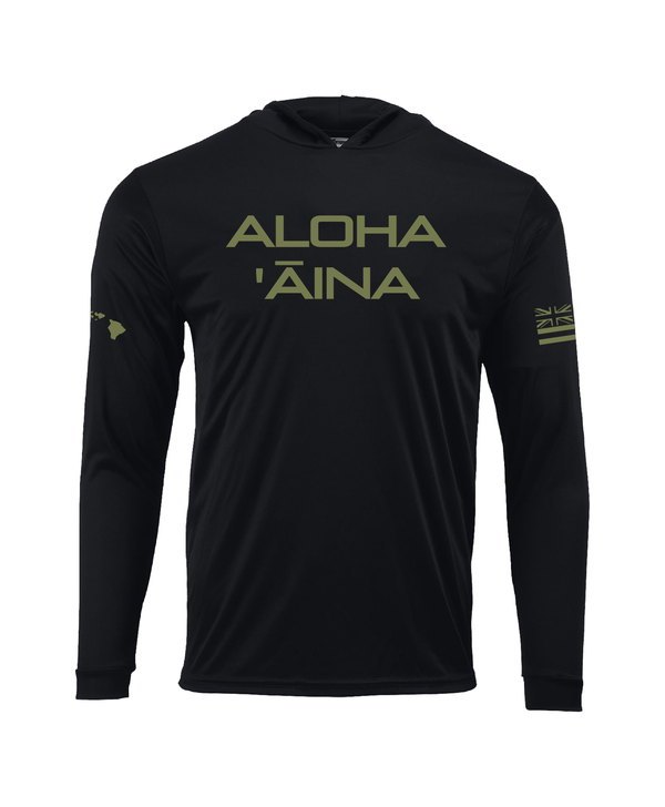Aloha Aina Hooded Long Sleeve Drifit Green on Black