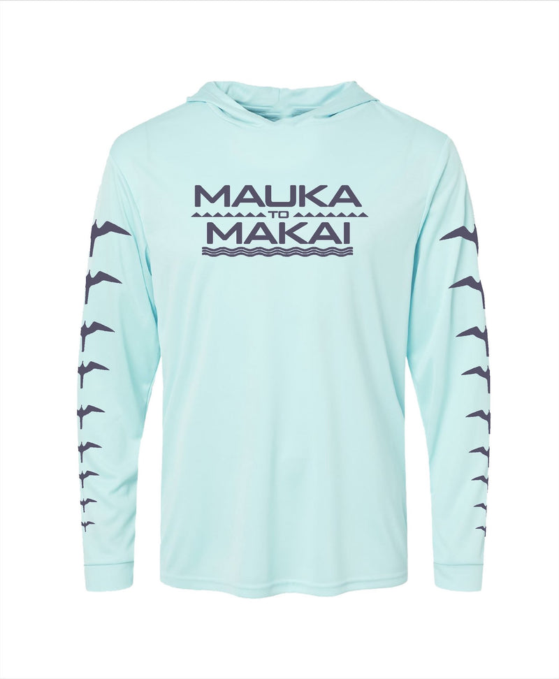 Mauka to Makai Grey on Light Blue Hooded Long Sleeve Drifit