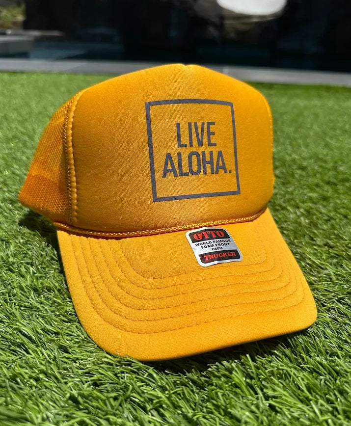 Live Aloha Grey Frame Golden Rod Trucker Hat