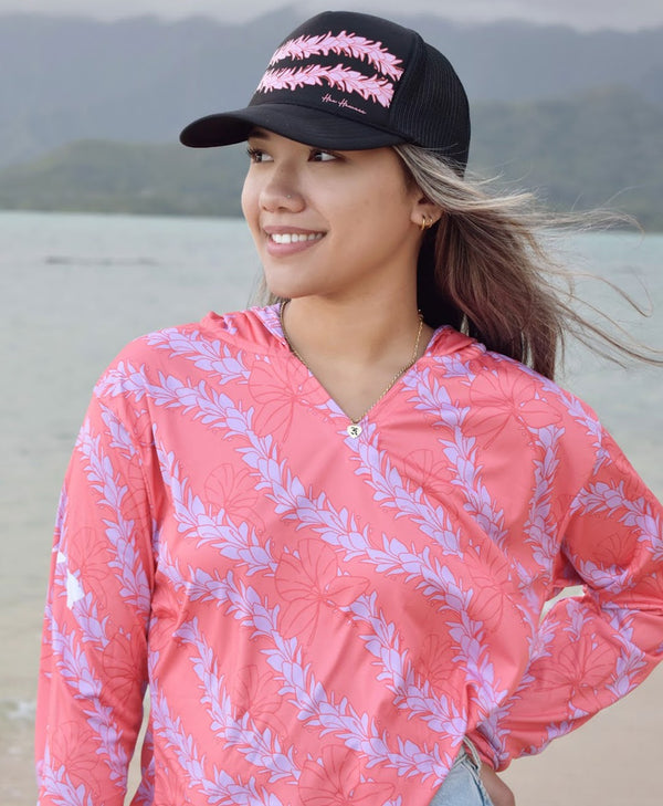 Awapuhi Wahine Crop Hooded Long Sleeve Vneck Drifit Coral