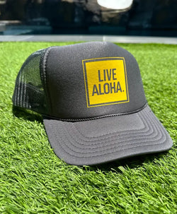 Live Aloha Gold Frame Charcoal Gray Trucker Hat