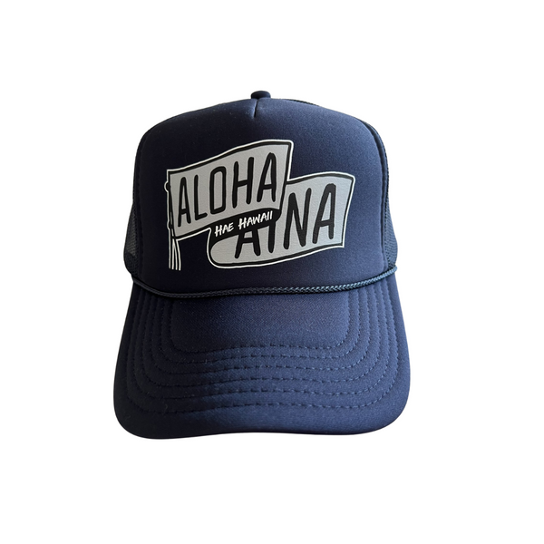 Aloha Aina Banner Trucker Hat Navy