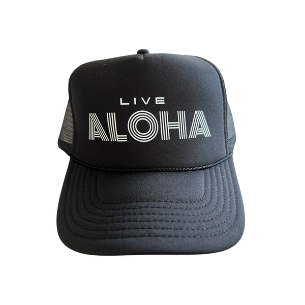 Live Aloha White on Black trucker Hat