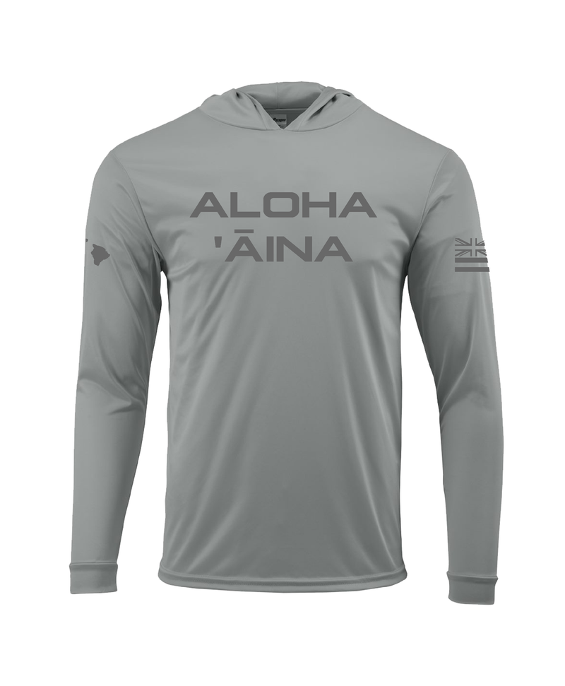 Aloha Aina Gray on Gray Hooded Long Sleeve Drifit